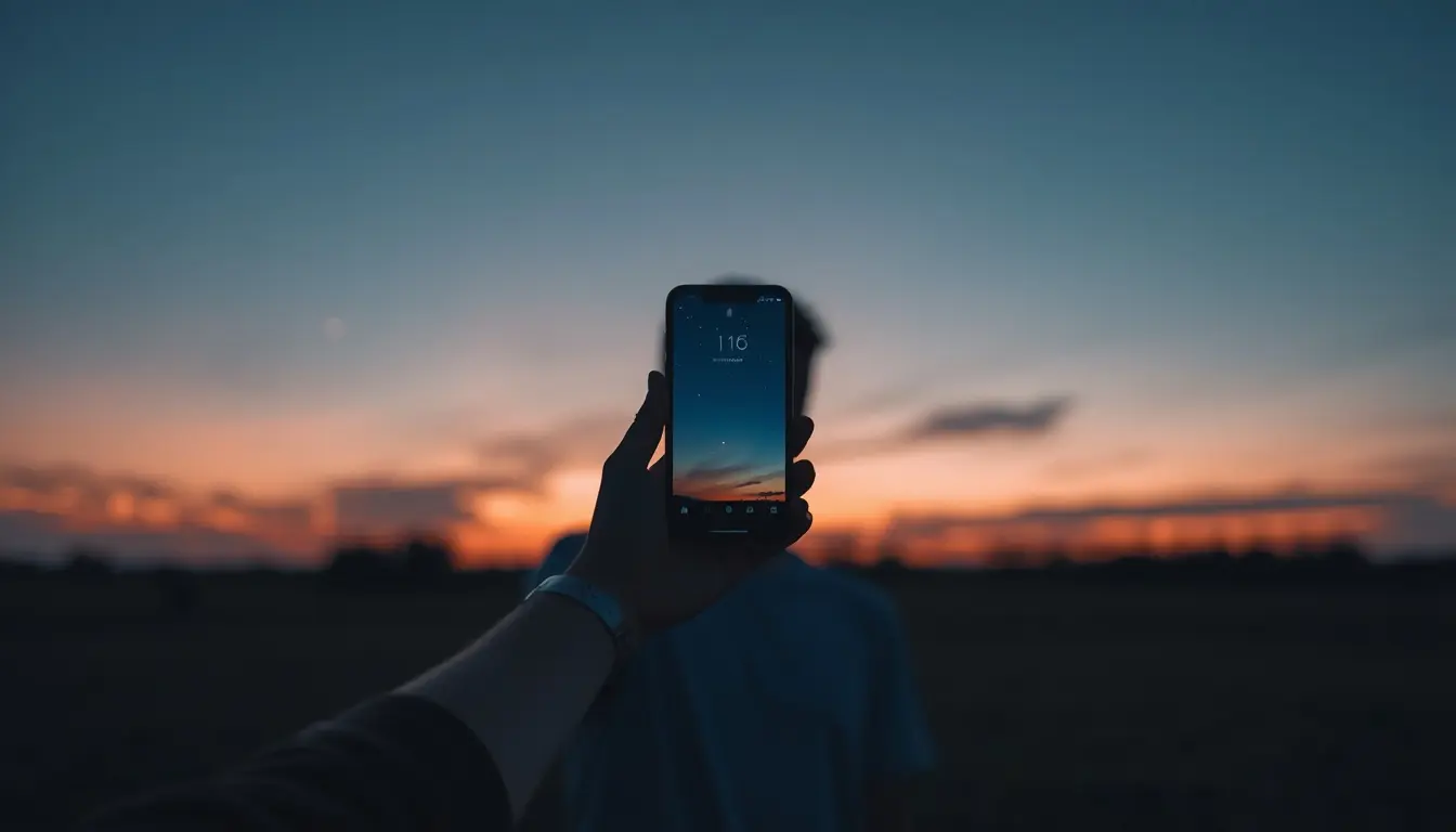 Person holding up a smartphone tracking app toward the dusk sky