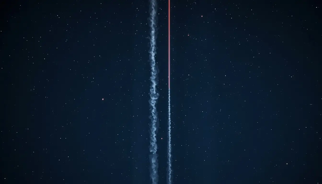 Comparison of a smoky white contrail beside a sharp red light trail against a starry night sky
